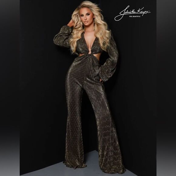 Johnathan Kayne Pants - Johnathan Kayne 2884 Long Sleeve Metallic Printed Jumpsuit Size 4